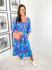 Raquel Shirred Dress - Blue Rainbow Floral Vine by Sugarhill Brighton